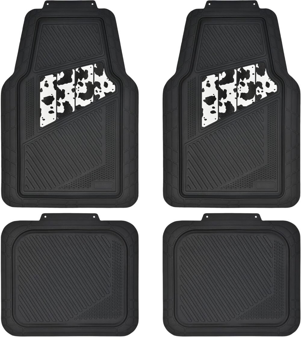 Heavy Duty Rubber Floor Mats Cow Print Car Mats 4-Piece Car Mat Set - Universal Waterproof Floor Mats for Car SUV Truck, Durable All-Weather Mats
