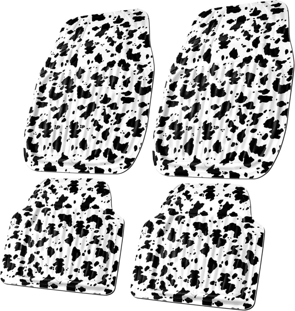 Leather Cow Print Car Floor Mats, 3D Waterproof All Weather, Universal Trim to Fit & Anti-Slip Burr Bottom, Safety & Light Easy Clean Install for SUV Truck Auto Sedan Van (Cow Print)