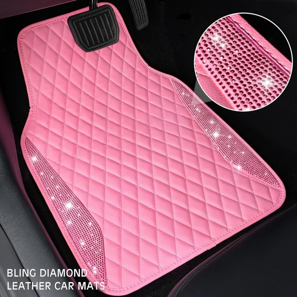Leather Car Mats Shining Diamond Floor Mats Crystal Rhinestones Sparkly Glitter Carpet Anti-Slip Waterproof Pad Universal Fit for Automotive SUV, Sedan, Van, 5pcs for Girl Women Pink - Image 2