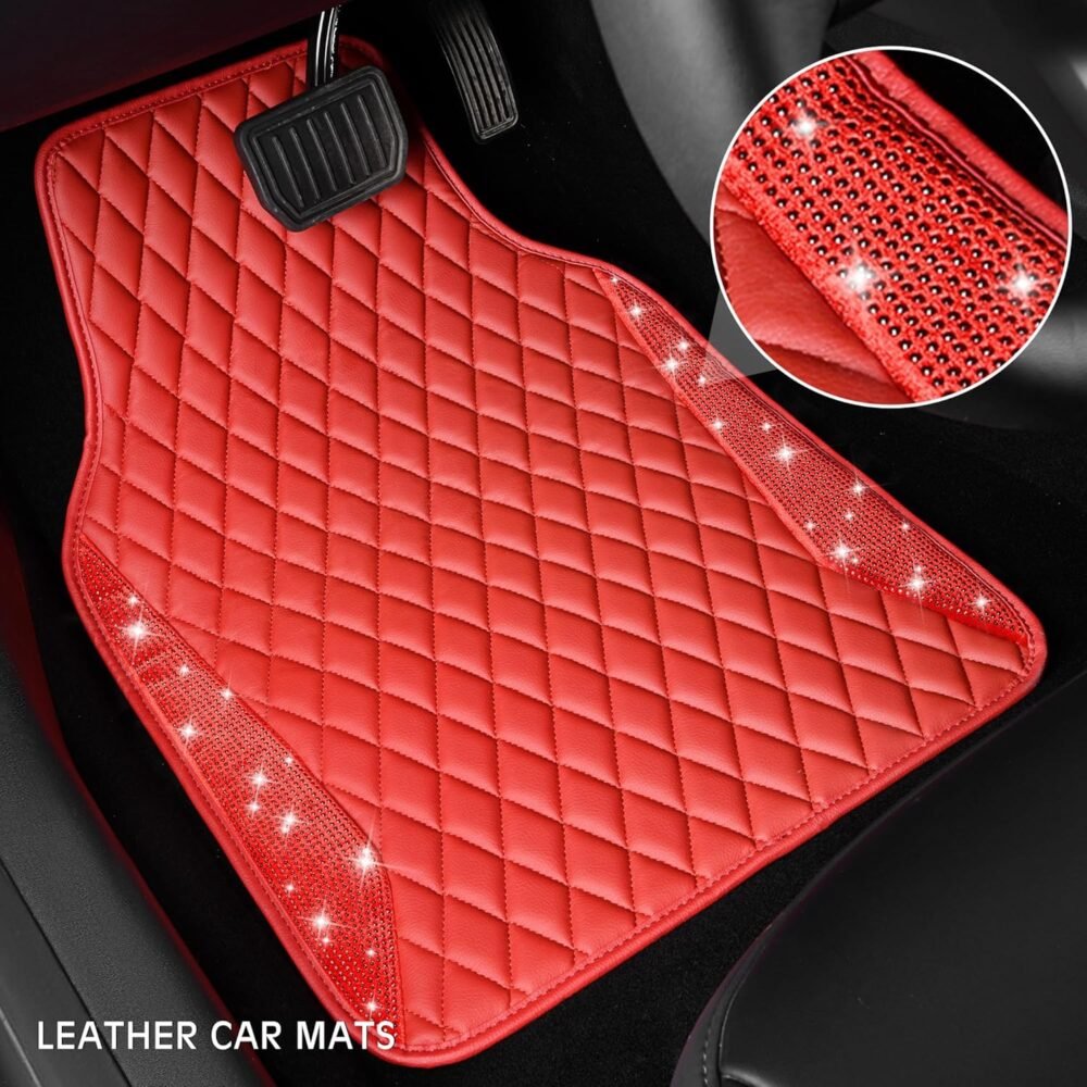 Leather Car Mats Shining Diamond Floor Mats Crystal Rhinestones Sparkly Glitter Carpet Anti-Slip Waterproof Pad Universal Fit for Automotive SUV, Sedan, Van, 5pcs for Girl Women Red - Image 2