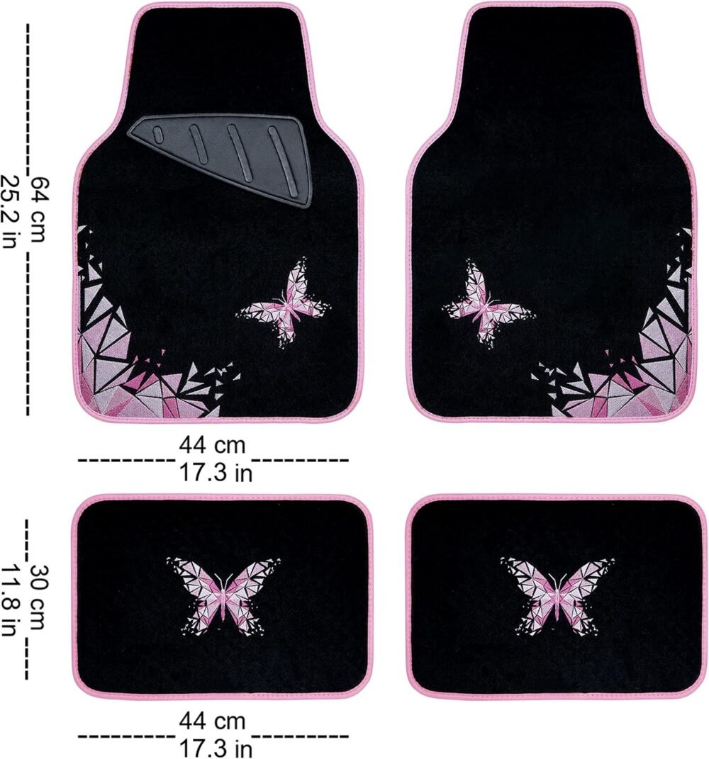 Universal Embroidery Geometric Butterfly Car Floor Mats with Heel Pad -Waterproof -Anti Slip Nibs, Pink Car Floor Mats Fit 95% Automotive,SUVS,Sedan,Vans,for Women,Girly (Pink Butterflies) - Image 2