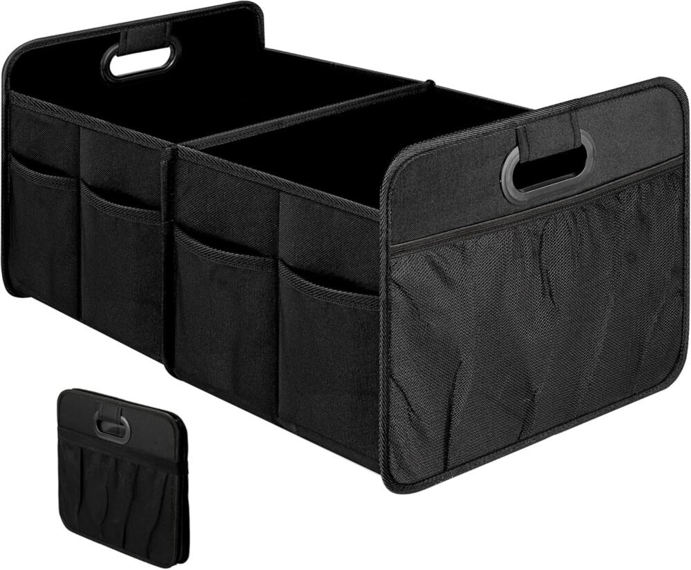 2 Compartments Trunk Organizer for Car/SUV, Collapsible 600D Waterproof Oxford Polyester 50L Storage Box, Anti-slip & Leak-proof, Multipurpose Travel Accessories, Black