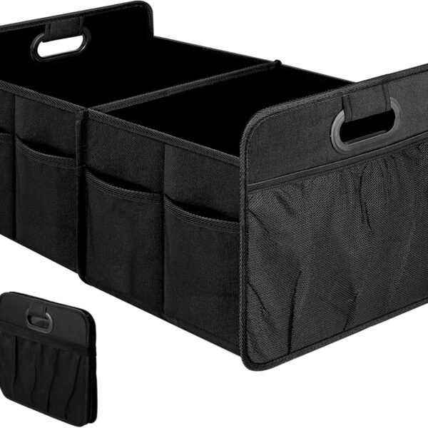 2 Compartments Trunk Organizer for Car/SUV, Collapsible 600D Waterproof Oxford Polyester 50L Storage Box, Anti-slip & Leak-proof, Multipurpose Travel Accessories, Black