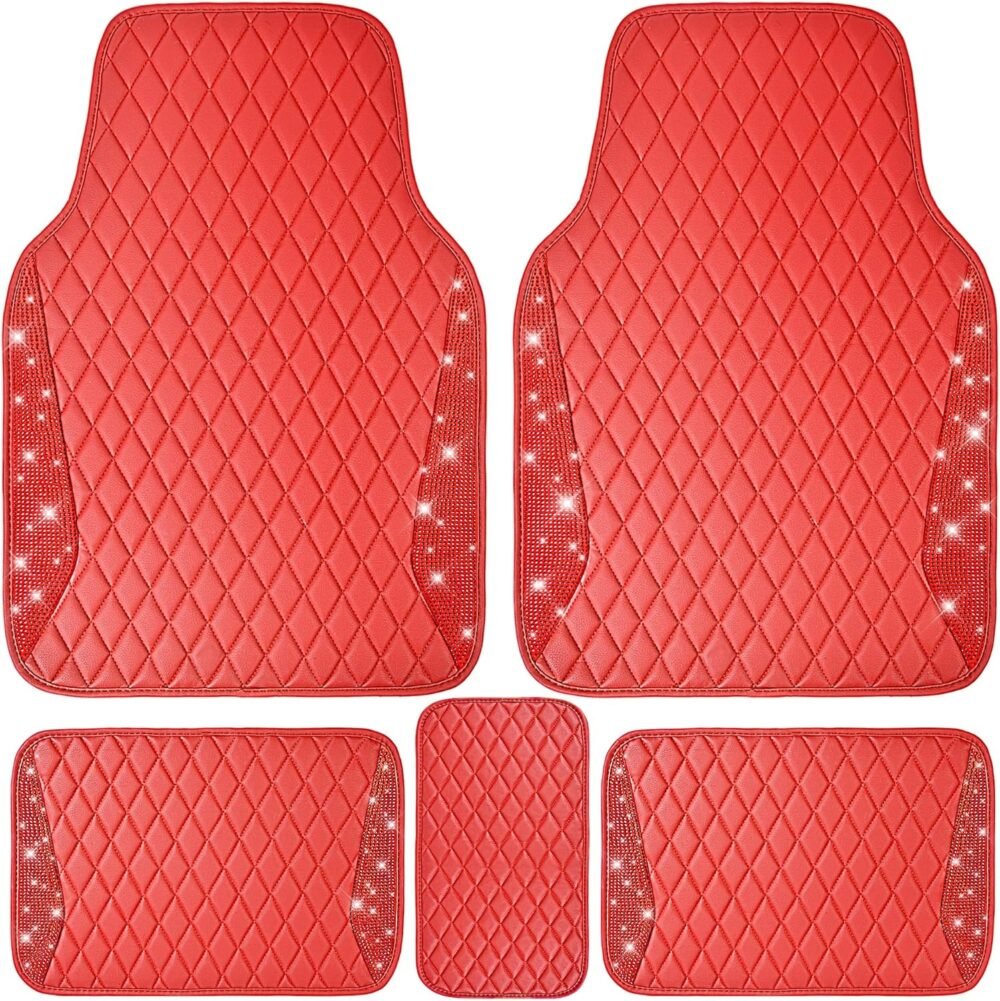 Leather Car Mats Shining Diamond Floor Mats Crystal Rhinestones Sparkly Glitter Carpet Anti-Slip Waterproof Pad Universal Fit for Automotive SUV, Sedan, Van, 5pcs for Girl Women Red