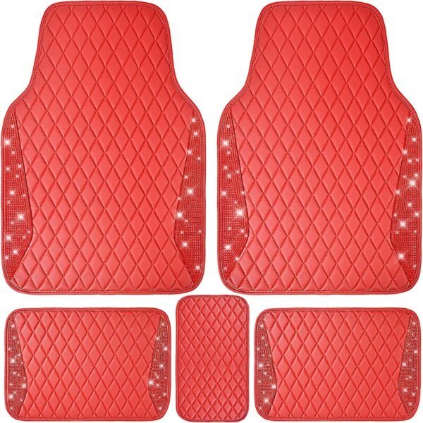 Leather Car Mats Shining Diamond Floor Mats Crystal Rhinestones Sparkly Glitter Carpet Anti-Slip Waterproof Pad Universal Fit for Automotive SUV, Sedan, Van, 5pcs for Girl Women Red