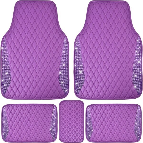 Leather Car Mats Shining Diamond Floor Mats Crystal Rhinestone Sparkly Glitter Carpet Anti-Slip Waterproof Pad Universal Fit for Automotive SUV, Sedan, Van, 5pcs Girl Women, Purple