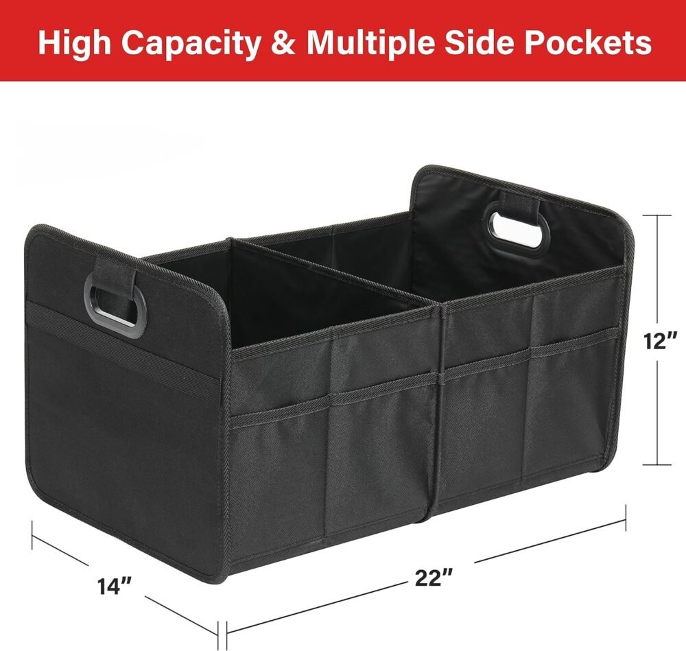 2 Compartments Trunk Organizer for Car/SUV, Collapsible 600D Waterproof Oxford Polyester 50L Storage Box, Anti-slip & Leak-proof, Multipurpose Travel Accessories, Black - Image 2