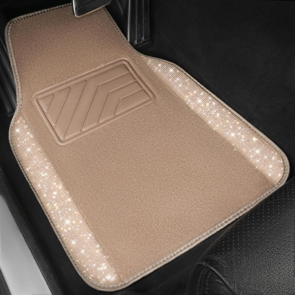 Car Mats Shining Diamond Carpet Crystal Rhinestones Sparkly Glitter Floor Mats with Anti-Slip PVC Heel Pad Universal Fit for Automotive SUV, Sedan, Car, Van, 4pcs for Girl Women, Beige - Image 2