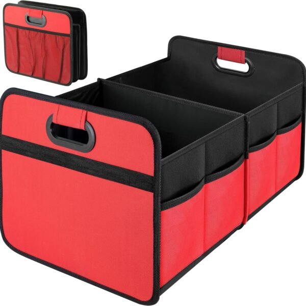 Car Trunk Organizer, 2 Compartments Collapsible Trunk Storage, Anti-slip Design, Made of Waterproof 600D Oxford Polyester, Suitable for SUV, Minivan, Truck, Standard Size, Red