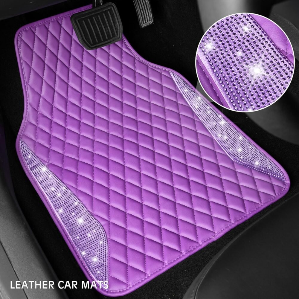 Leather Car Mats Shining Diamond Floor Mats Crystal Rhinestone Sparkly Glitter Carpet Anti-Slip Waterproof Pad Universal Fit for Automotive SUV, Sedan, Van, 5pcs Girl Women, Purple - Image 2