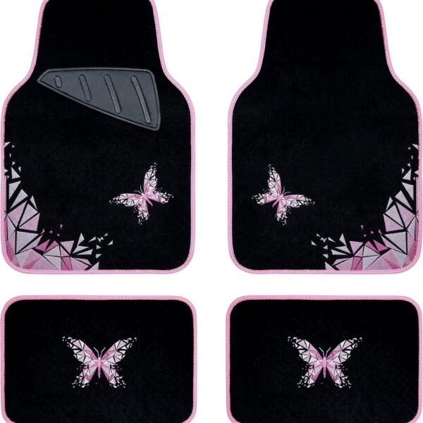 Universal Embroidery Geometric Butterfly Car Floor Mats with Heel Pad -Waterproof -Anti Slip Nibs, Pink Car Floor Mats Fit 95% Automotive,SUVS,Sedan,Vans,for Women,Girly (Pink Butterflies)