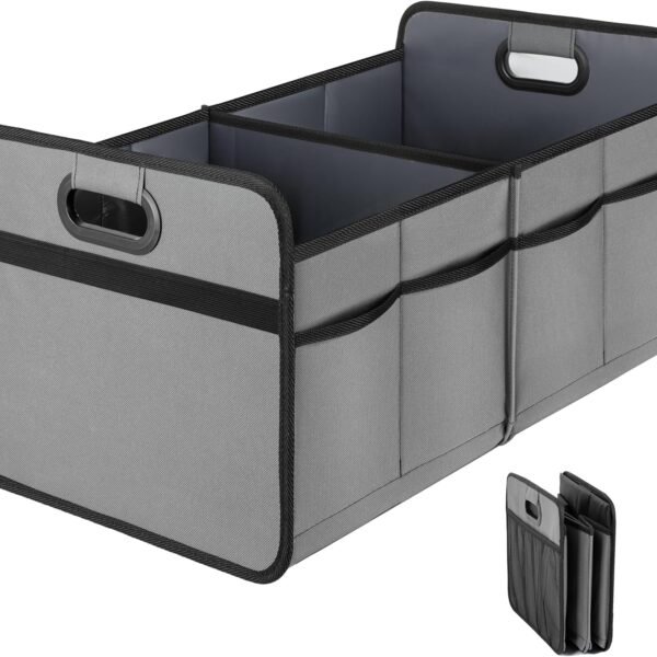 2 Compartments Car Trunk Organizer, 600D Oxford Polyester Car Storage, Anti-slip 14" D x 22" W x 12" H Collapsible Trunk Storage, Suitable for SUV, Minivan, Truck, Grey