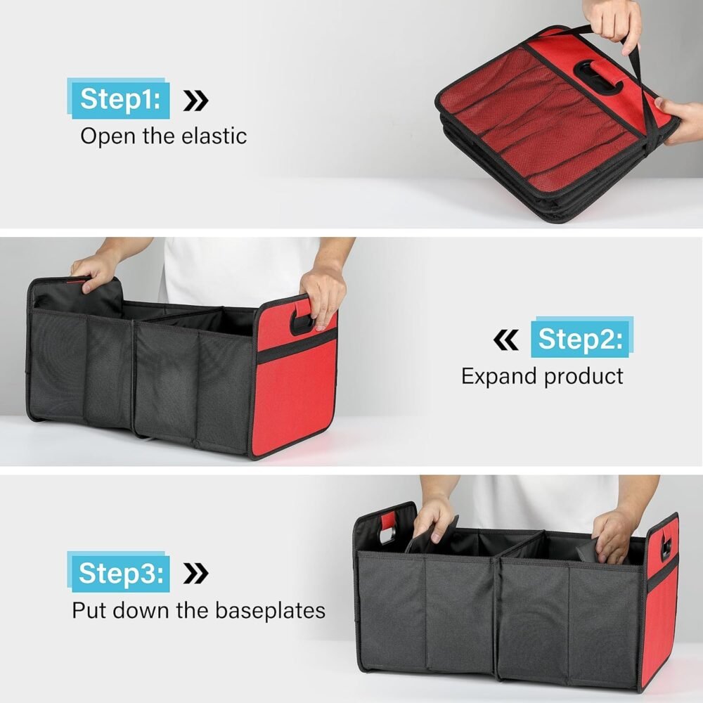 Car Trunk Organizer, 2 Compartments Collapsible Trunk Storage, Anti-slip Design, Made of Waterproof 600D Oxford Polyester, Suitable for SUV, Minivan, Truck, Standard Size, Red - Image 2