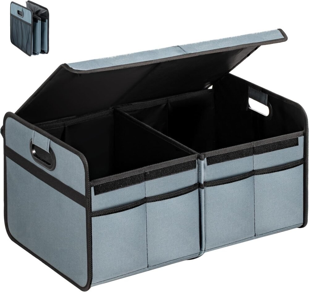 2 Compartments Car Trunk Organizer with Lid, 600D Oxford Polyester Car Storage, Anti-slip Collapsible Trunk Storage, Suitable for SUV, Minivan, Truck, Grey-Green