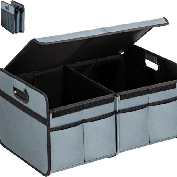 2 Compartments Car Trunk Organizer with Lid, 600D Oxford Polyester Car Storage, Anti-slip Collapsible Trunk Storage, Suitable for SUV, Minivan, Truck, Grey-Green